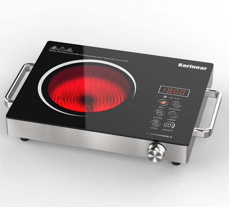 Karinear Portable Electric Stove 110V, 1800W Electric Hot Plate with Handle, Knob Control Single Burner Electri Cooktop, Ceramic Infrared Countertop Burner, Timer, Safety Lock - Image 1